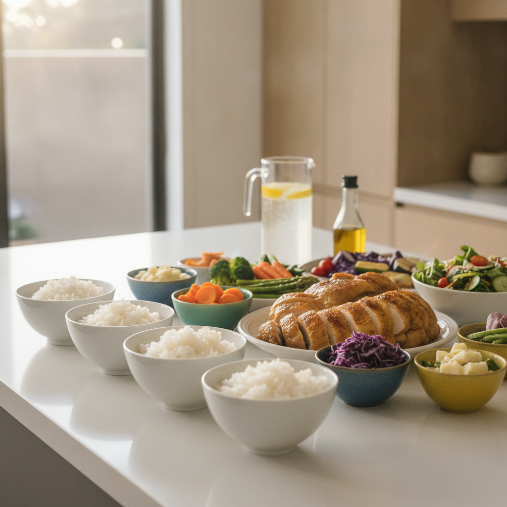 Colorful bowls of simple family dinners on a bright kitchen counter, including rice, sliced chicken, and fresh vegetables in natural light