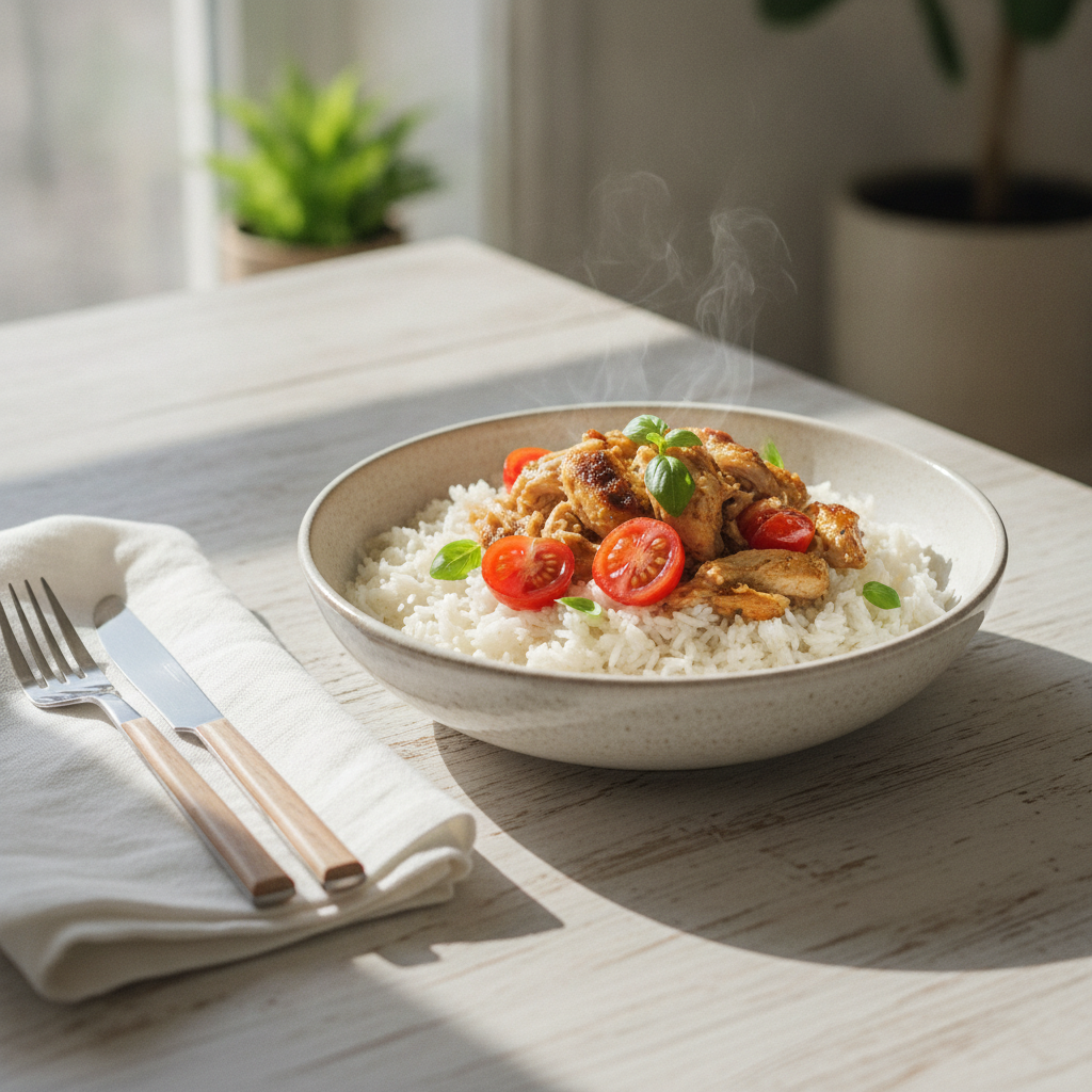 A simple appetizing dinner bowl with roasted chicken, white rice, and cherry tomatoes on a pale wooden table in bright natural side lighting