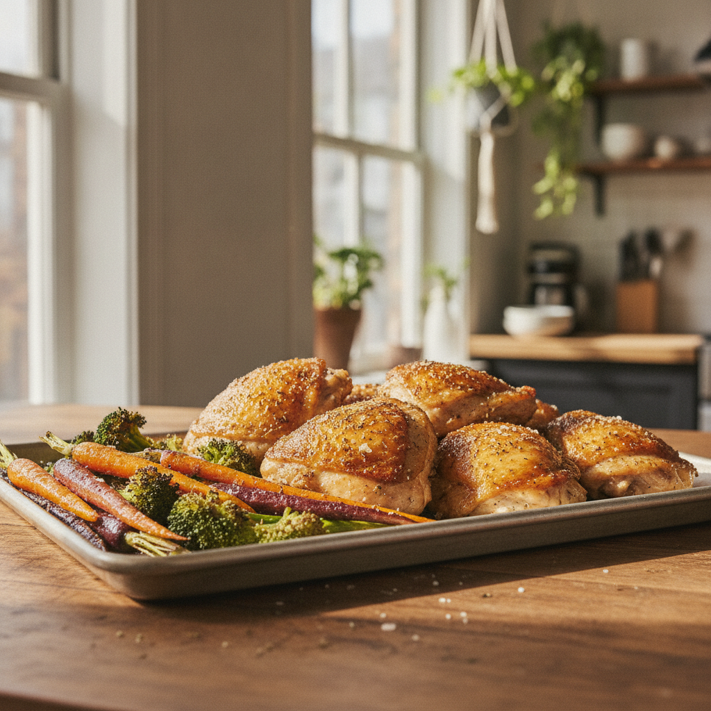 Golden sheet pan chicken thighs with caramelized broccoli and carrots on a wooden table, bright natural window light