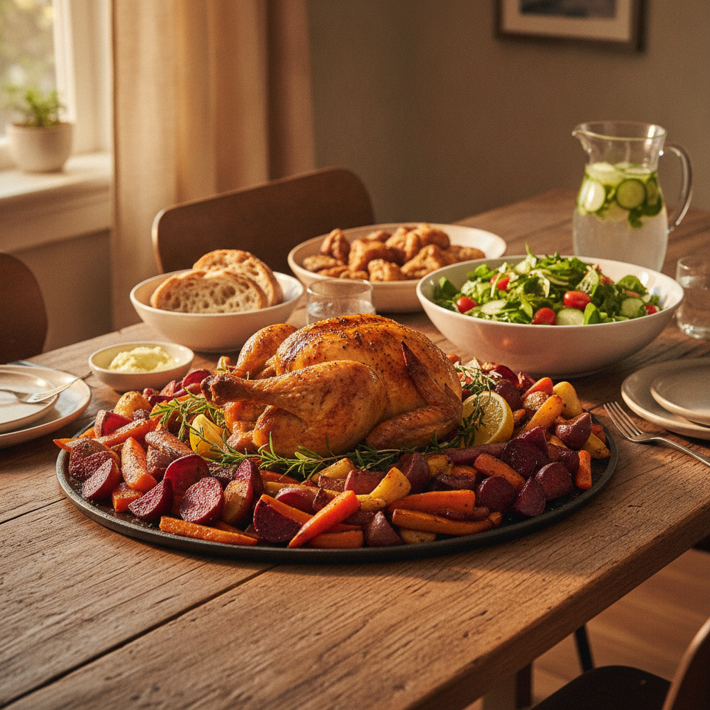 A rustic wooden dining table with a whole roasted chicken surrounded by colorful roasted vegetables and a green salad, warm golden side lighting, no people visible