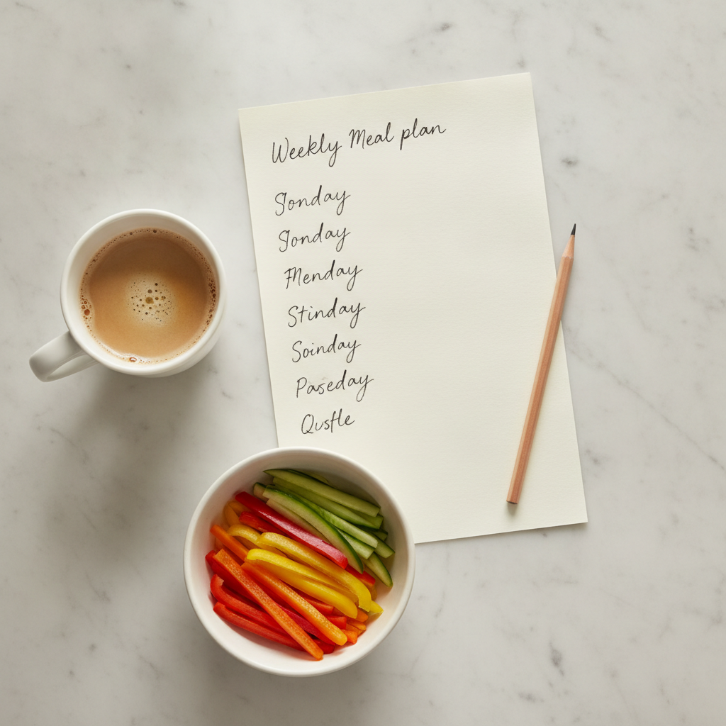 A clean kitchen counter with a handwritten weekly meal plan on cream paper next to a bowl of fresh colorful vegetables and a white coffee mug in bright morning light