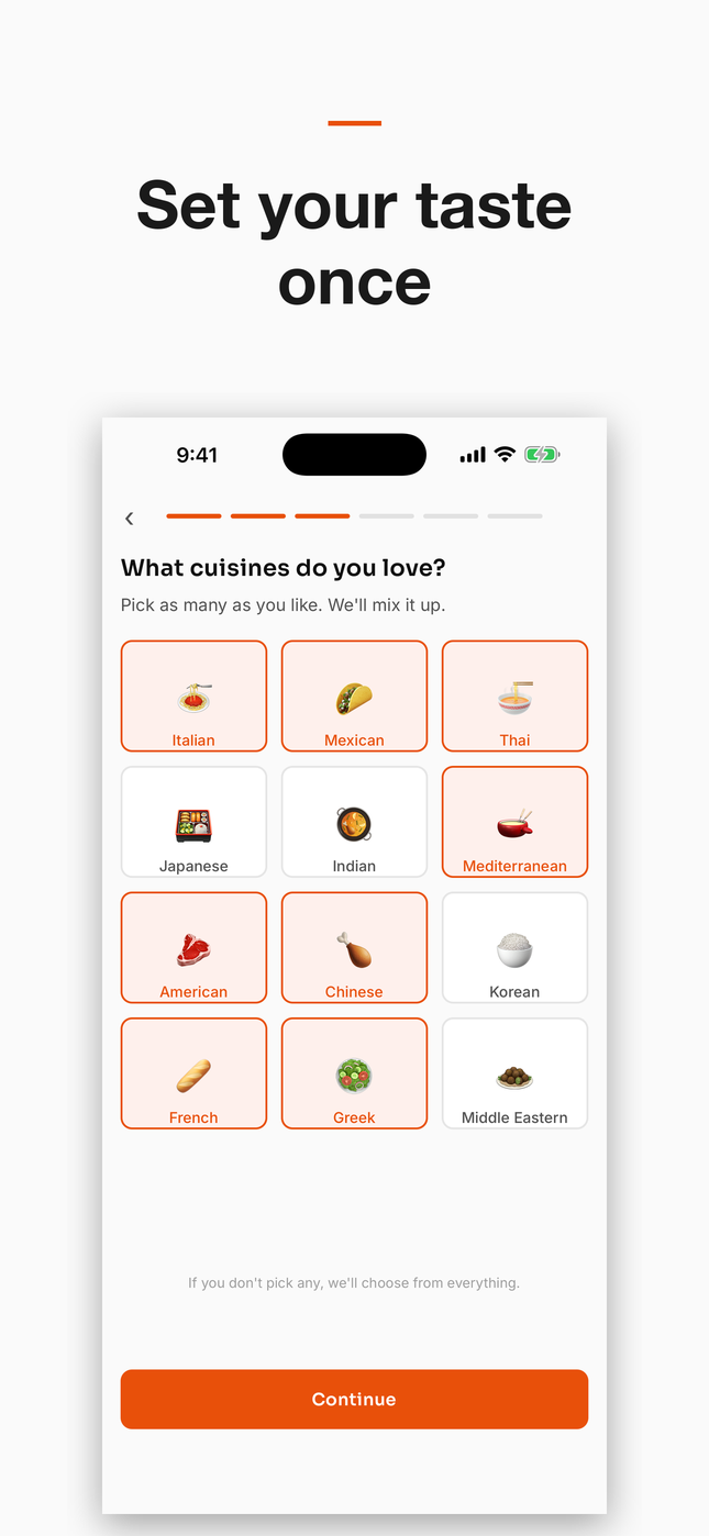 Set your taste, diet, and household once