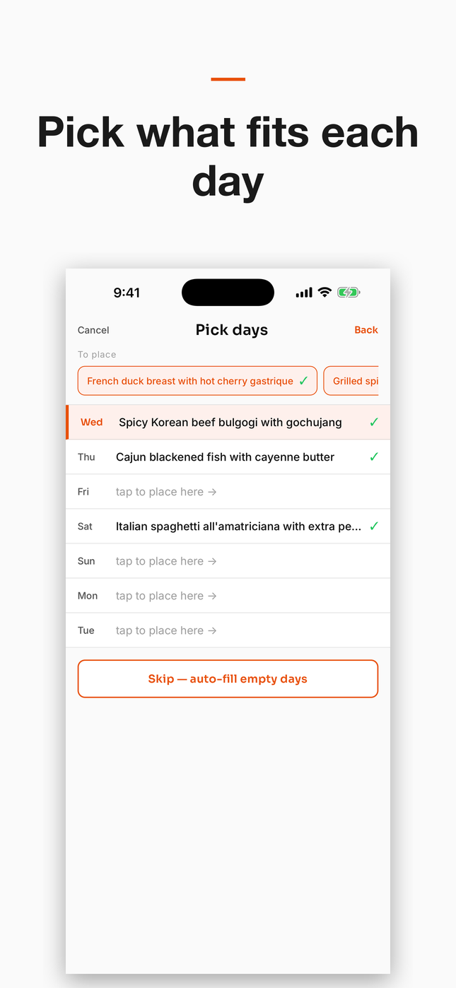 Pick a dinner for each day of the week