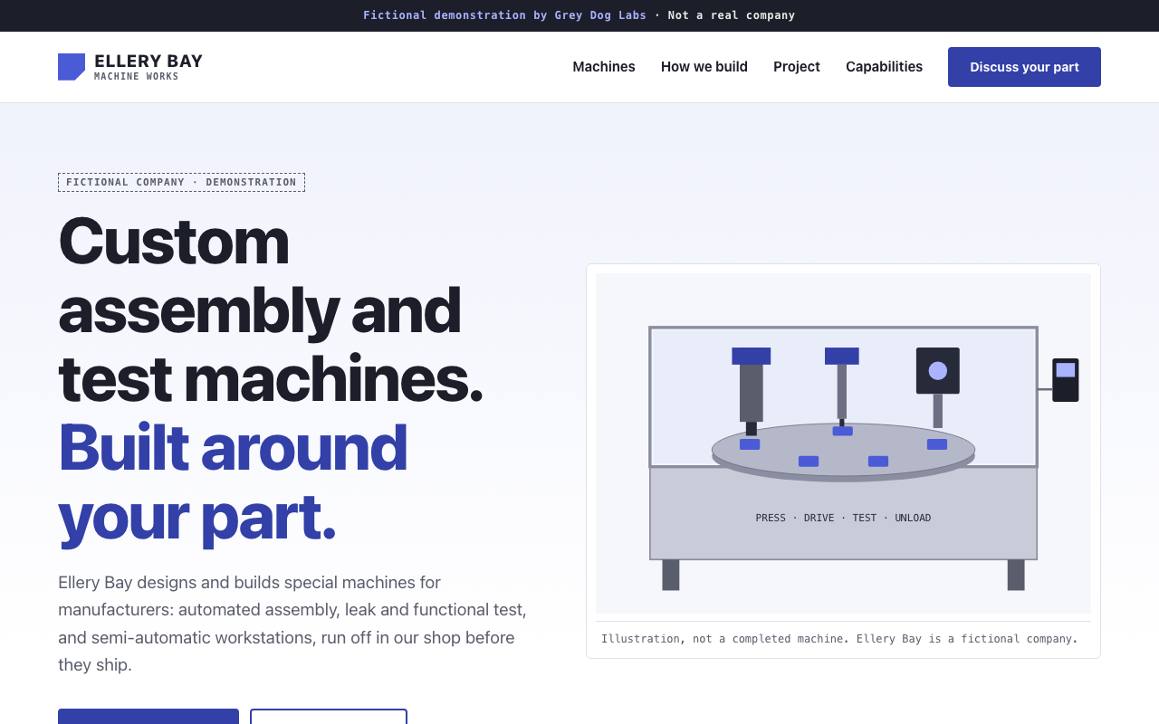 Fictional after homepage: custom assembly and test machines headline with inquiry button