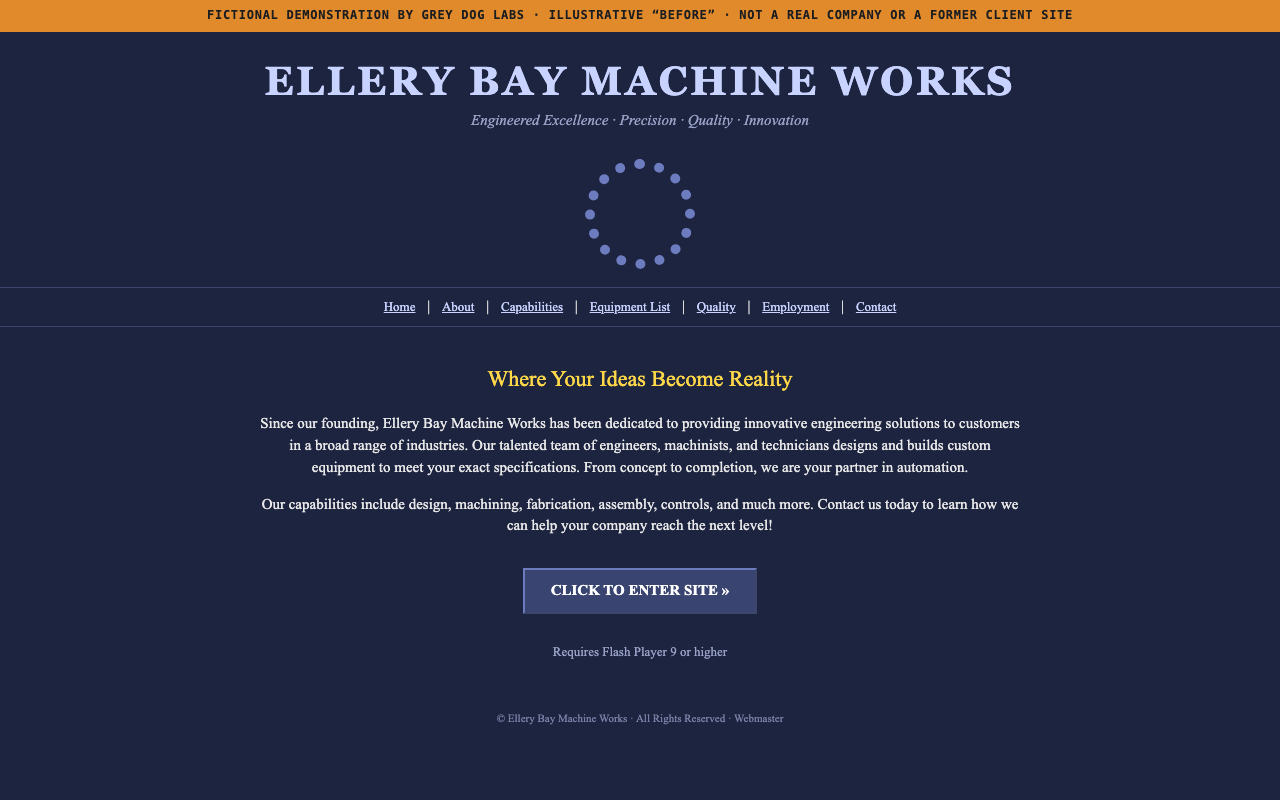 Fictional before homepage: dark splash page with a slogan and a click-to-enter button