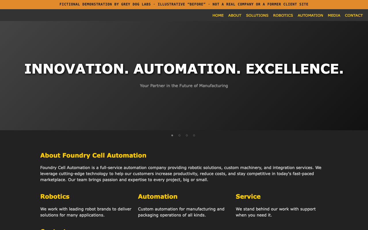Fictional before homepage: dark slider with a generic slogan