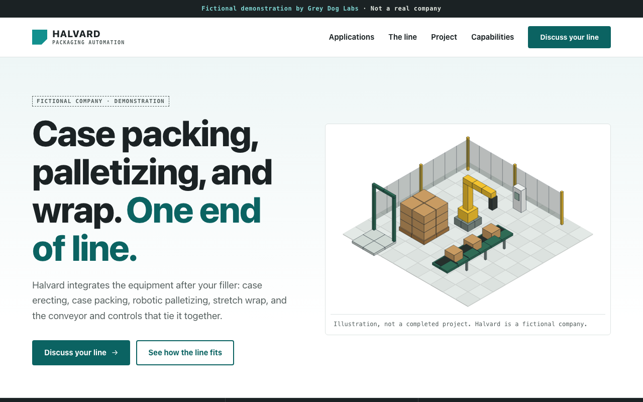 Fictional after homepage: clear case packing and palletizing headline with inquiry button
