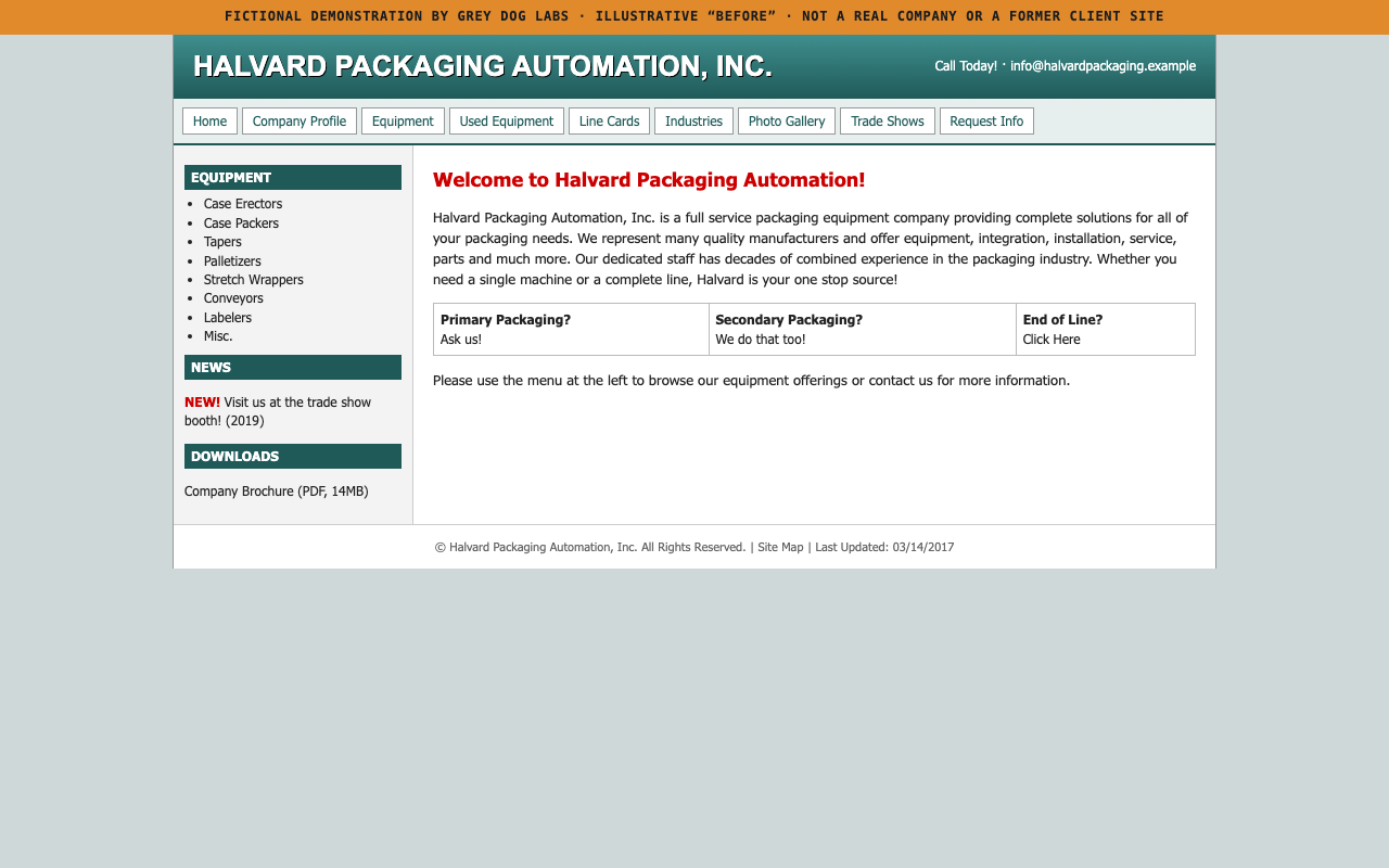 Fictional before homepage: dated tabbed layout with a generic welcome message and equipment sidebar