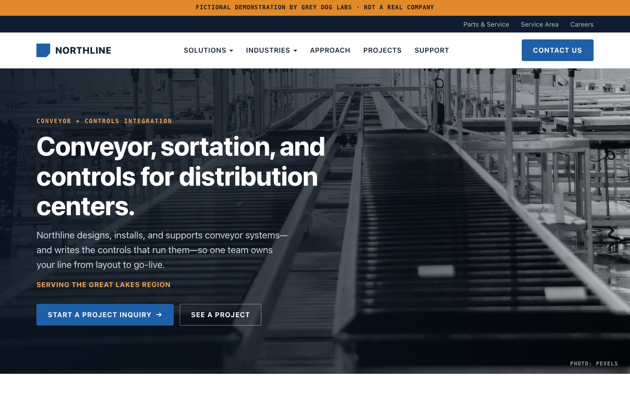 Example rebuilt homepage for Northline Conveyor Systems, a fictional company