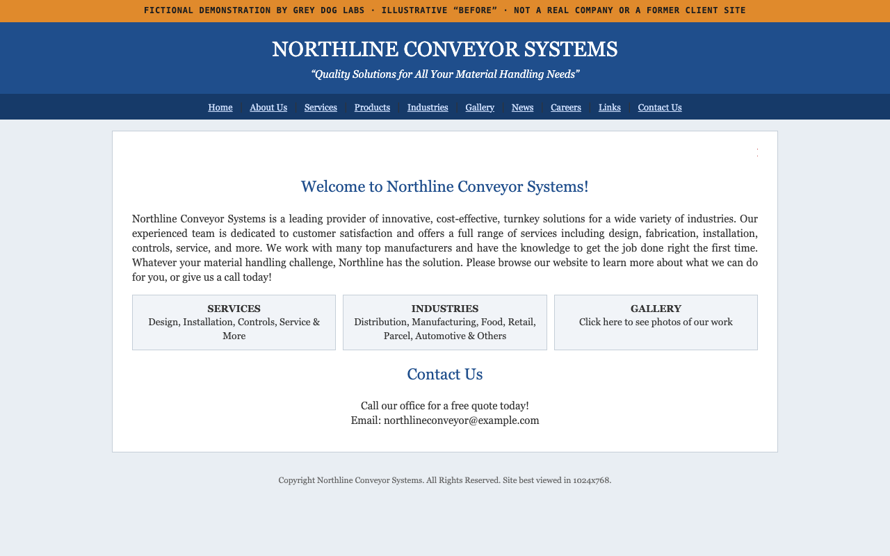 Fictional before homepage: dated layout with a generic welcome message