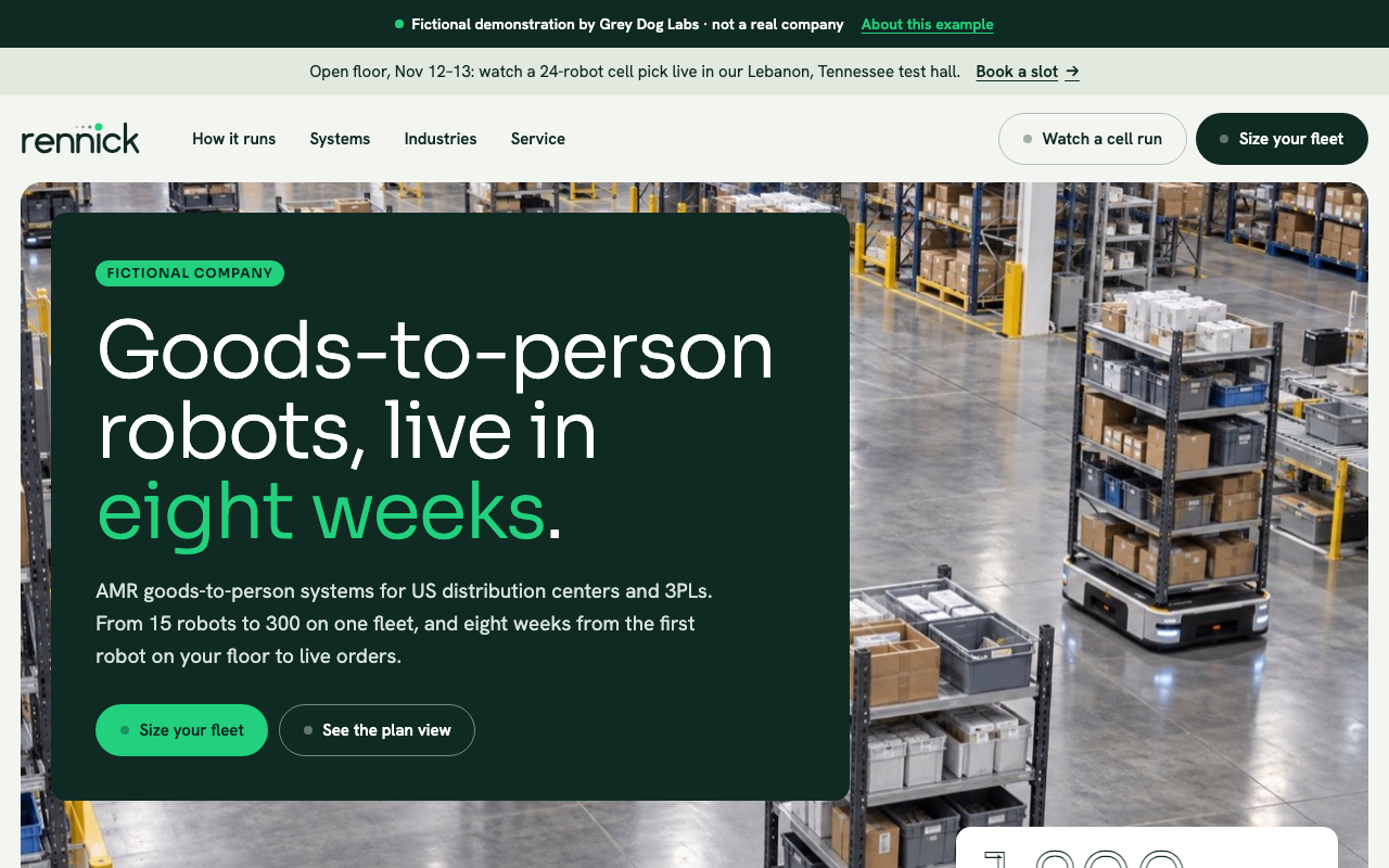 Fictional after homepage: goods-to-person headline in a dark green panel over a photo of AMRs carrying racks, with a 1,200 picks per hour stat card
