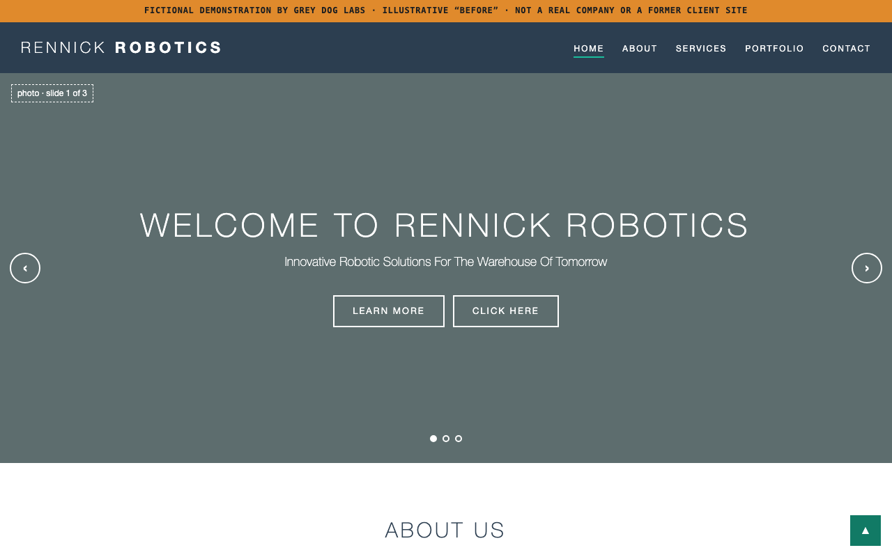 Fictional before homepage: 2015-style full-width slider with a generic welcome headline and Learn More and Click Here buttons