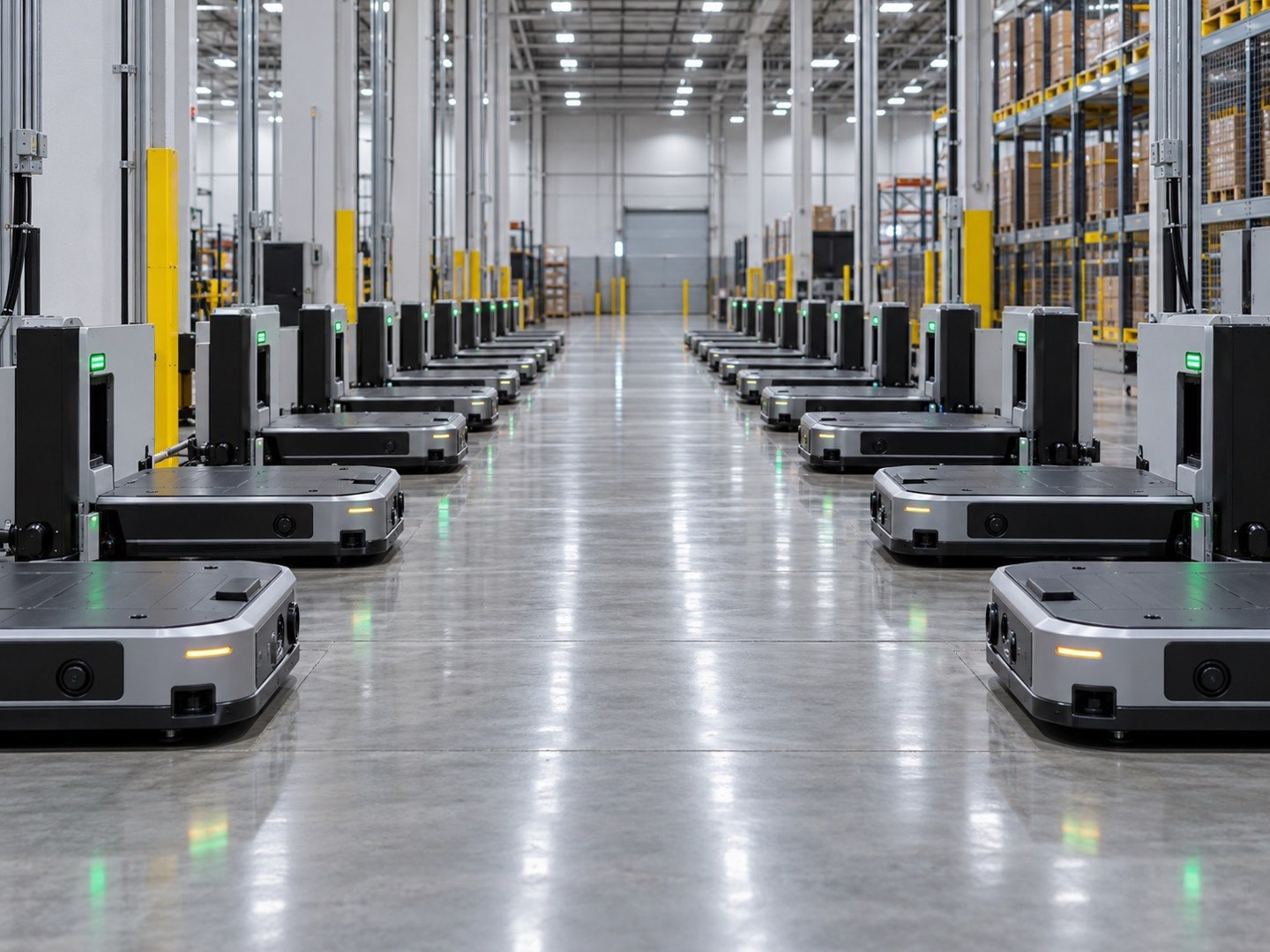 Two rows of low-profile AMRs parked in a staging lane between storage racks (fictional company demonstration)