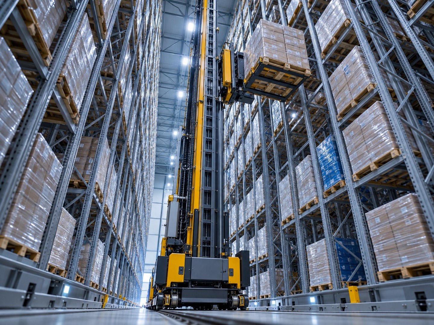 Yellow pallet stacker crane in a narrow high-bay aisle, its carriage lifting a pallet between racks of stretch-wrapped pallet loads (fictional company demonstration)