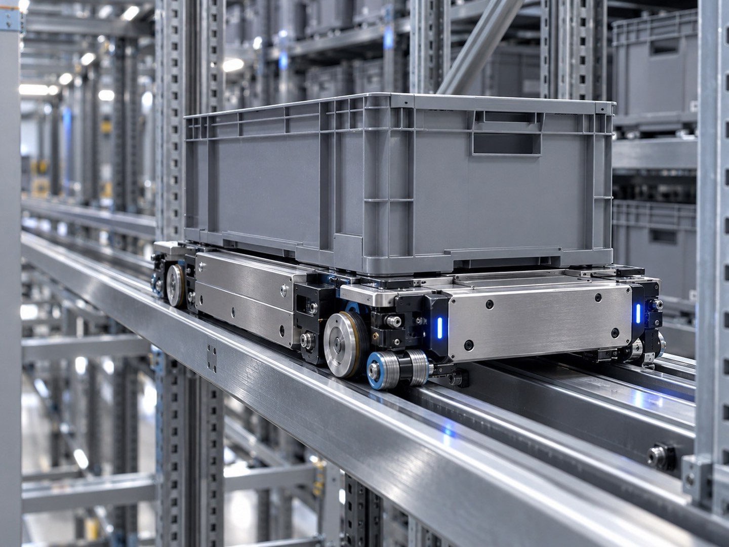Close-up of a tote shuttle carrying a grey plastic tote along its steel rail inside the rack (fictional company demonstration)