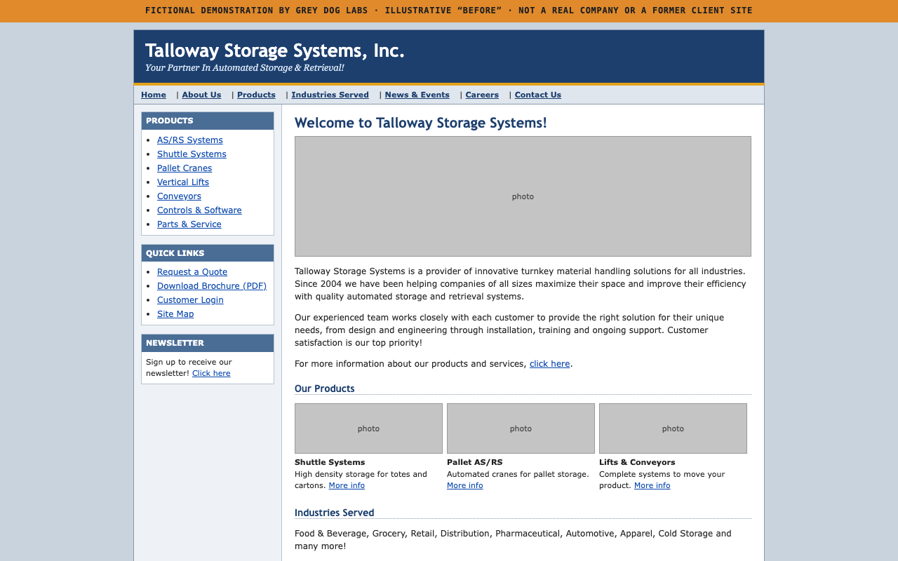 Fictional before homepage: 2009-style table layout with a left sidebar and placeholder photos