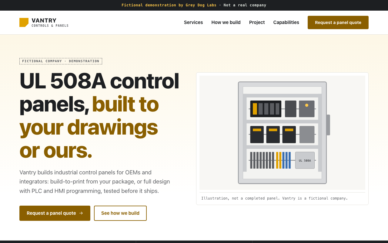 Fictional after homepage: UL 508A control panel headline with quote request button