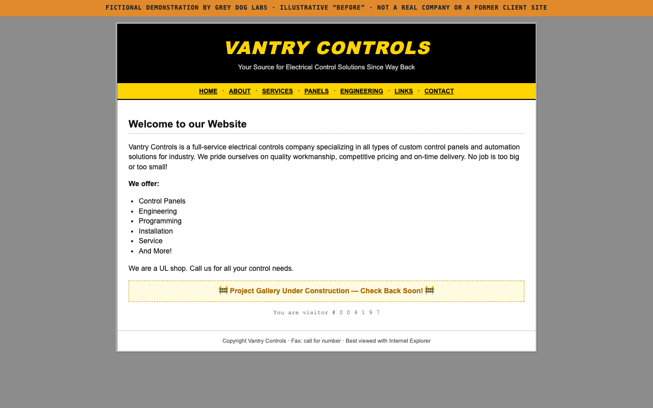 Fictional before homepage: black and yellow banner, bullet list of services, visitor counter